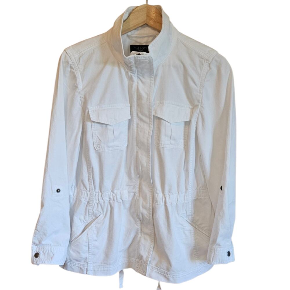 Talbots Petites Large LP White 100% Cotton Roll Tab Sleeve Utility Jacket
